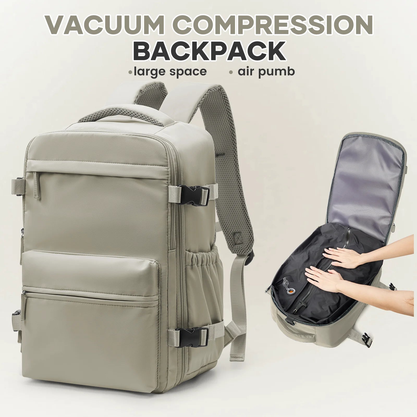 Vacuum compression backpack with air pump