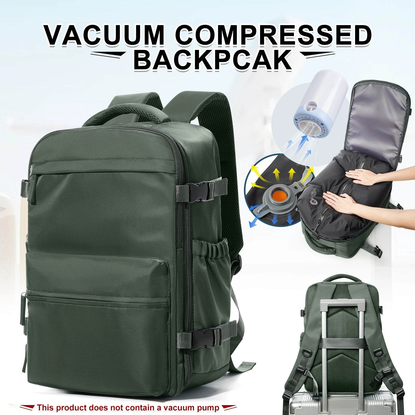 Vacuum compression backpack with air pump