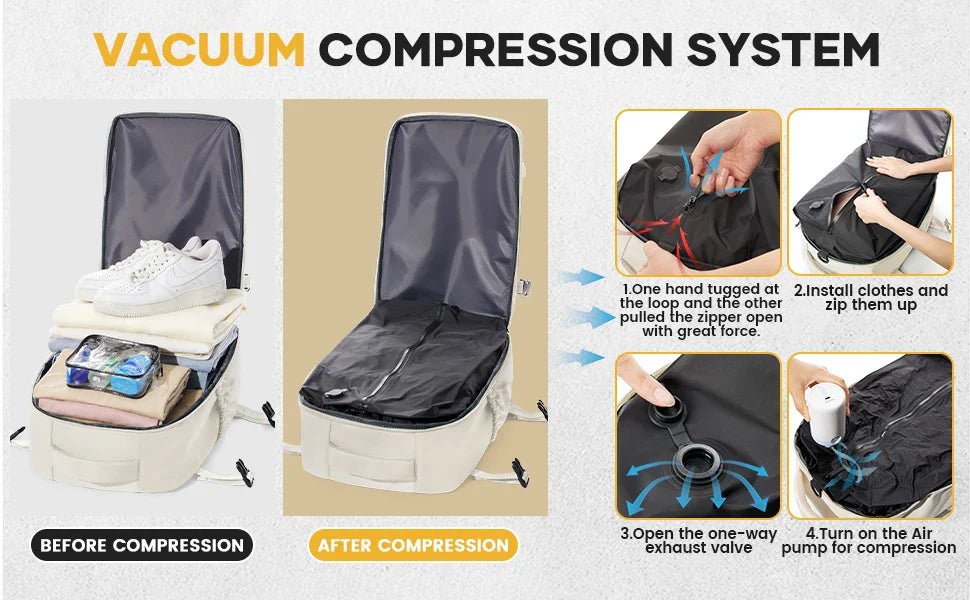 Vacuum compression backpack with air pump