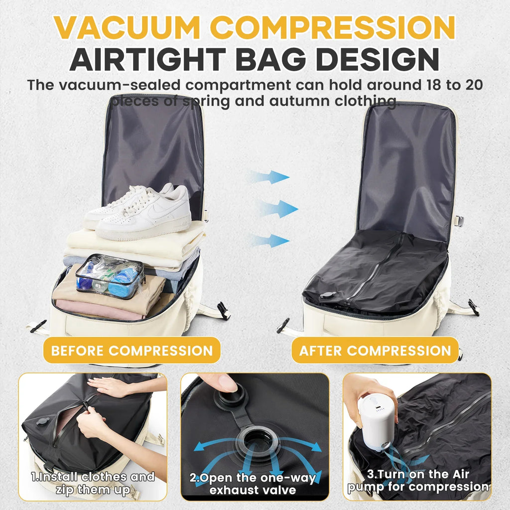 Vacuum compression backpack with air pump