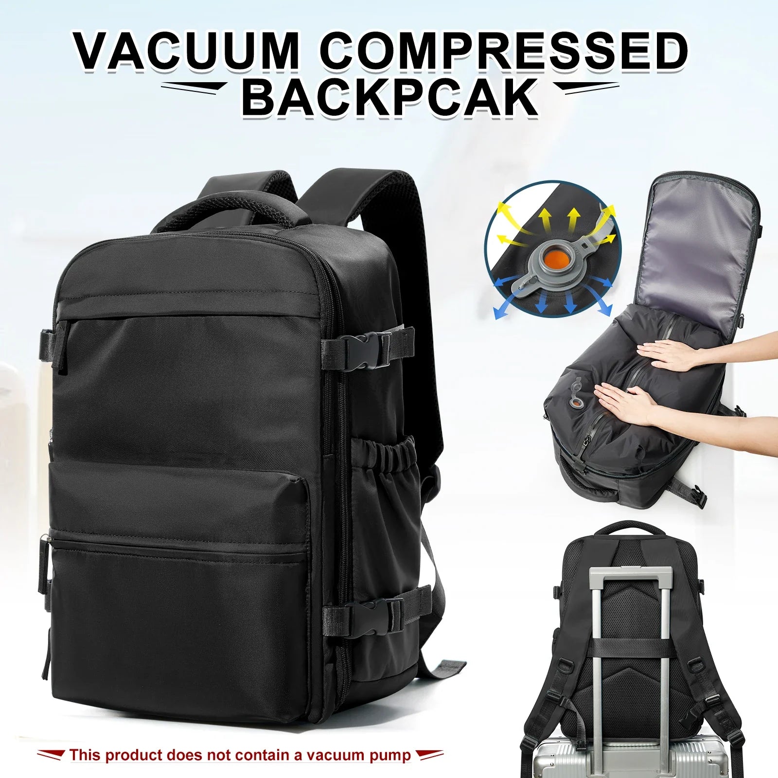 Vacuum compression backpack with air pump