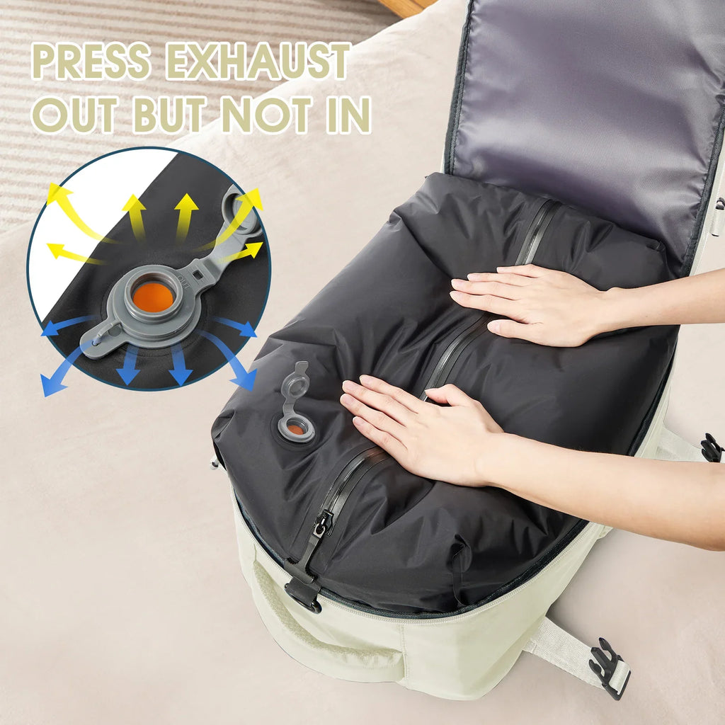 Vacuum compression backpack with air pump