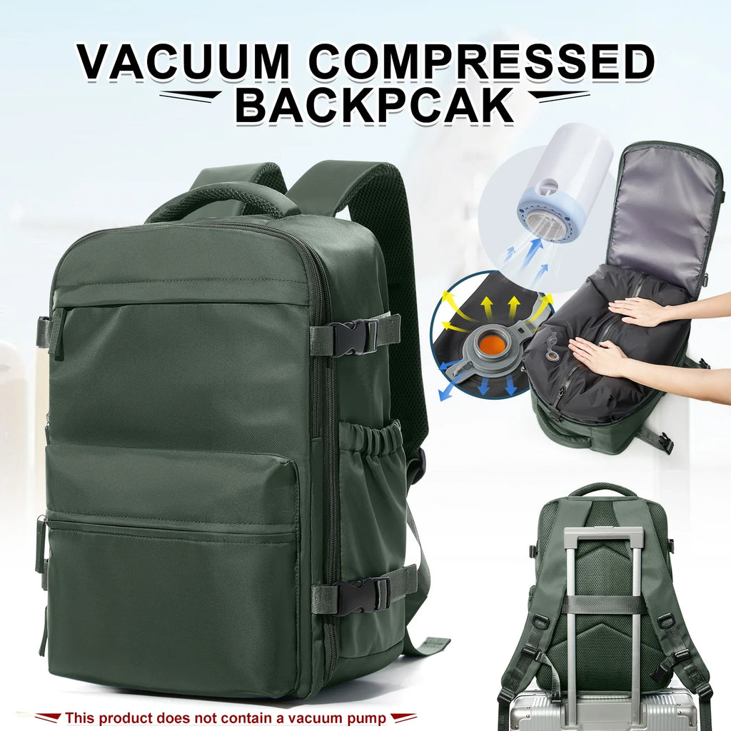 Vacuum compression backpack with air pump