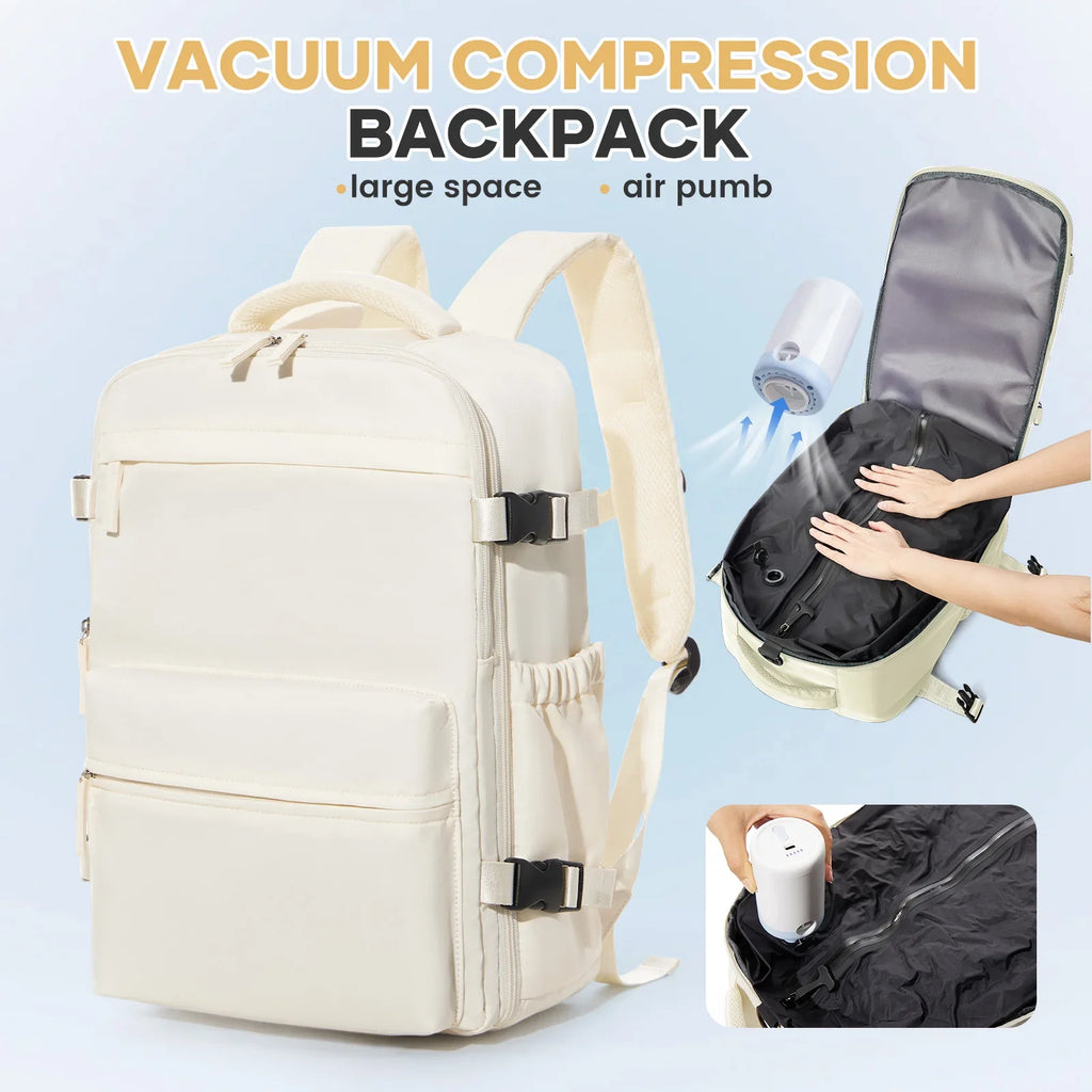 Vacuum compression backpack with air pump